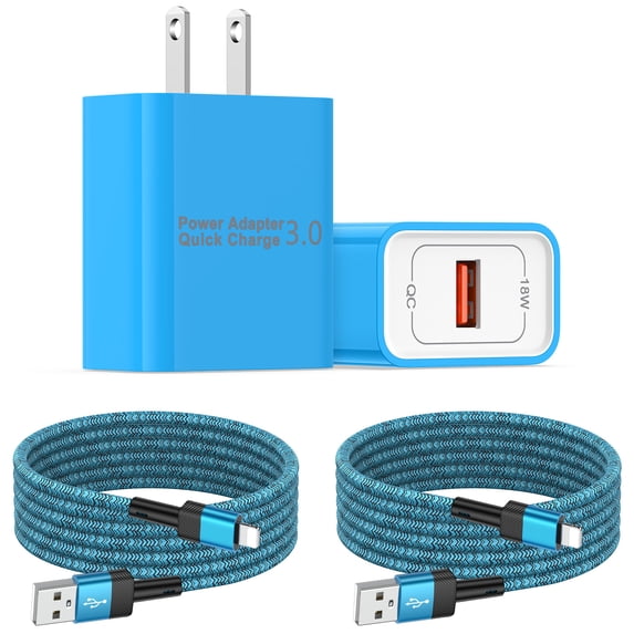 Compatible for iPhone Charger, 2Pack 6FT Light-ning Charging Cable with 18W Fast Charging Block USB Charging Brick Phone Charger, Wall Charger Block Adapter Compatible for iPhone14/13/12/11, Blue
