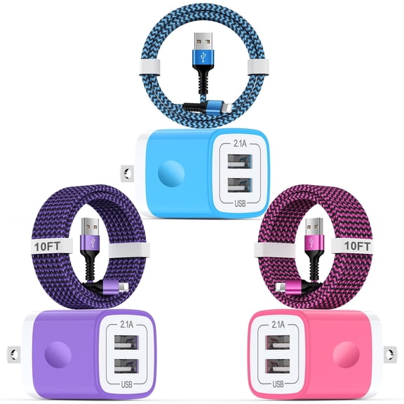 Compatible for iPhone Charger, 3 Pack 10FT USB Lighting Cable+Dual Port Wall Charger Block, USB Power Adapter Plug Fast Charging Station Power Base USB Brick Cube Box Compatible for iPhone, Mixed