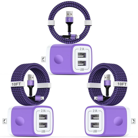 Compatible for iPhone Charger, 3 Pack 10FT USB Lighting Cable+Dual Port Wall Charger Block, USB Power Adapter Plug Fast Charging Station Power Base USB Brick Cube Box Compatible for iPhone, Purple