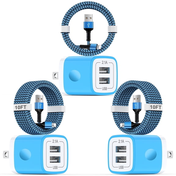 Compatible for iPhone Charger, 3 Pack 10FT USB Lighting Cable+Dual Port Wall Charger Block, USB Power Adapter Plug Fast Charging Station Power Base USB Brick Cube Box Compatible for iPhone, Blue