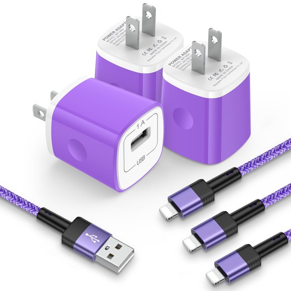 Compatible for iPhone Charger, 3Pack 10FT Lightn-ing Cable Cord with USB Wall Charger, Fast Charging Cable with Charger Block Phone Charger Plug Power Adapter Compatible for iPhone14/13/12/11, Purple