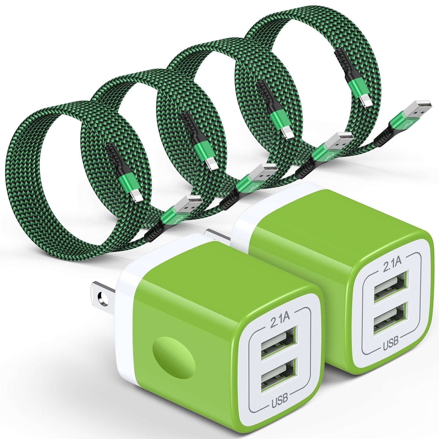 Compatible for iPhone Charger Block, 2 Pack Dual Port Wall Charger Adapter+10FT Lighting Charging Cable 4pcs, USB Brick Cube Box Charger Plug Power Base Charging Station Compatible for iPhone, Green