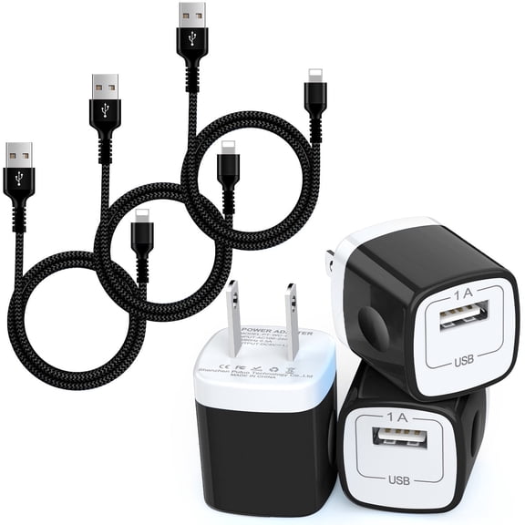 Compatible for iPhone Charger Block, 3 Pack USB Charger Block with 10ft Charging Cable, USB Wall Charger Adapter Plug USB Brick Cube Charging Station Power Adapter Compatible for iPhone, Black