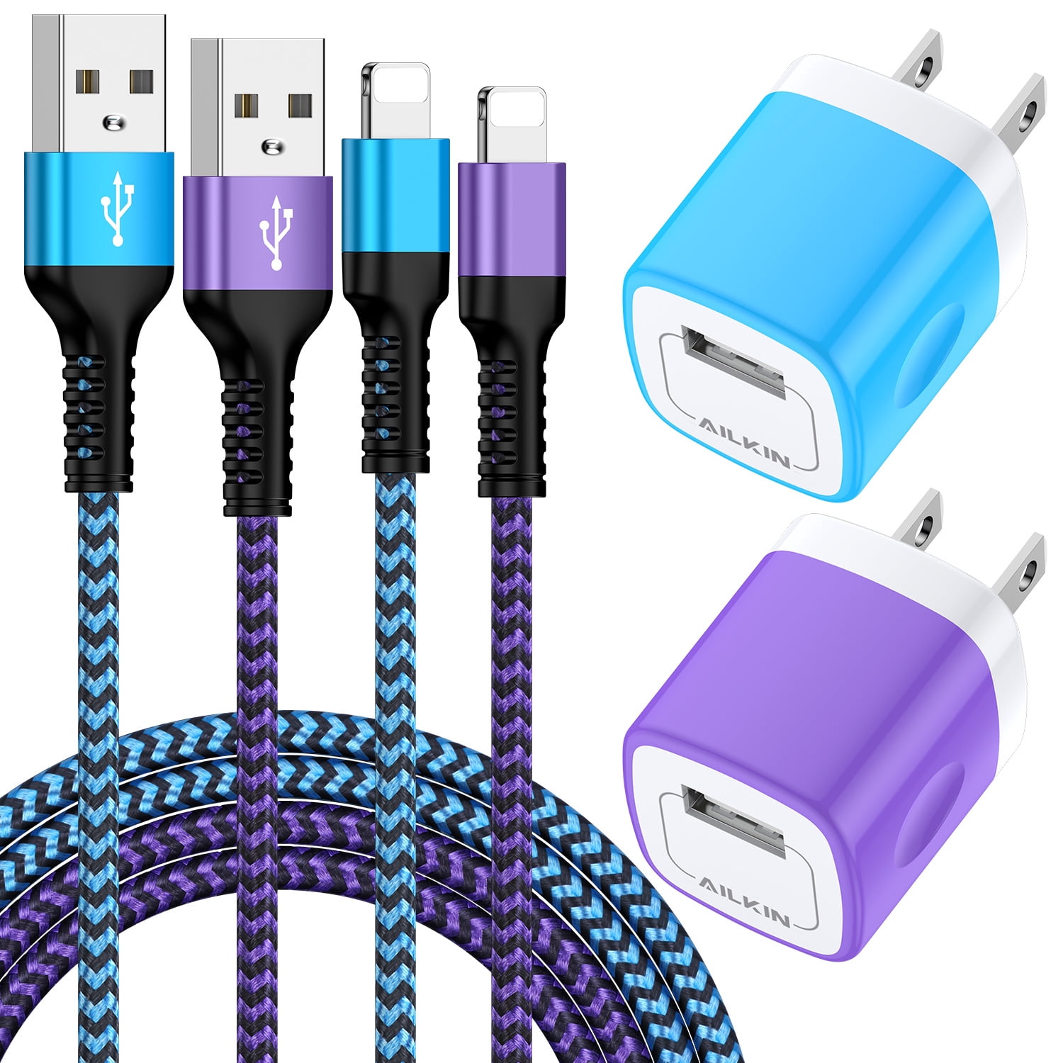 Compatible with iPhone Charger Block Fast Charging AILKIN 2Pack Wall Charger with 6ft Cord Charging Block Plug Power USB Charger Block Adapter Compatible with iPhone 14/13/12/11,Blue+Purple