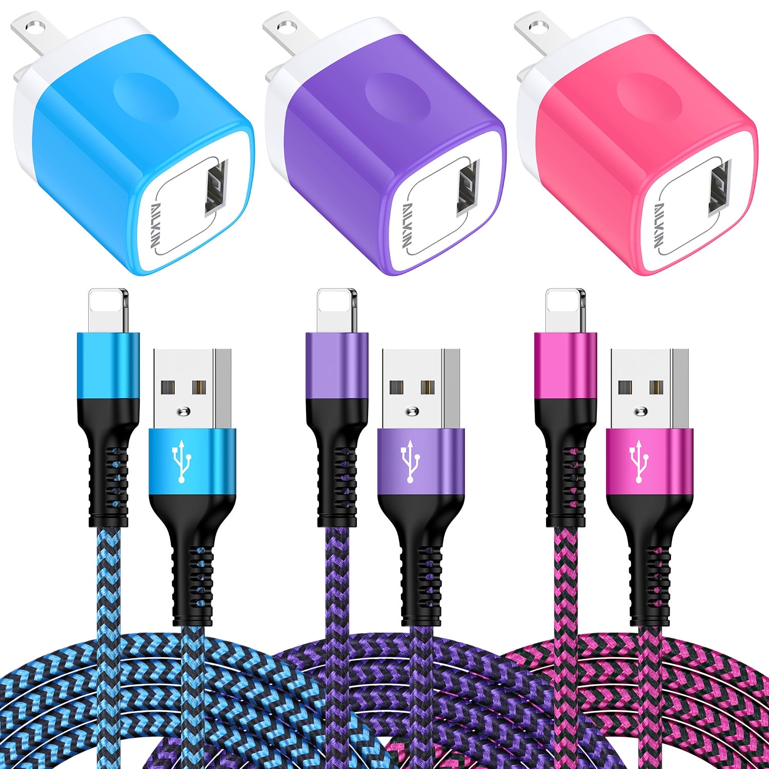 Compatible with iPhone Charger Fast Charging,3Pack AILKIN Charger Block with 6ft Cord Charging Block Plug Power USB Wall Charger Adapter Compatible with iPhone 14/13/12/11,Blue+Purple+Pink