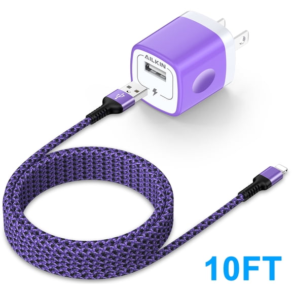 Compatible with iPhone Charger Cable Fast Charging AILKIN Charger Block with 10ft Cord Charging Block Plug Power USB Wall Charger Adapter Compatible with iPhone 14/13/12/11Purple)