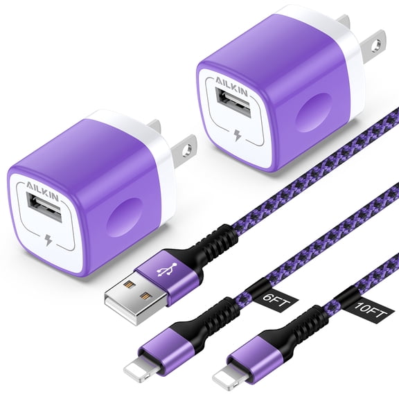 Compatible with iPhone Charger Fast Charging AILKIN 2Pack Charger Block with 10ft/6ft Cord Charging Block Plug Power USB Wall Charger Adapter Compatible with iPhone 14/13/12/11Purple)