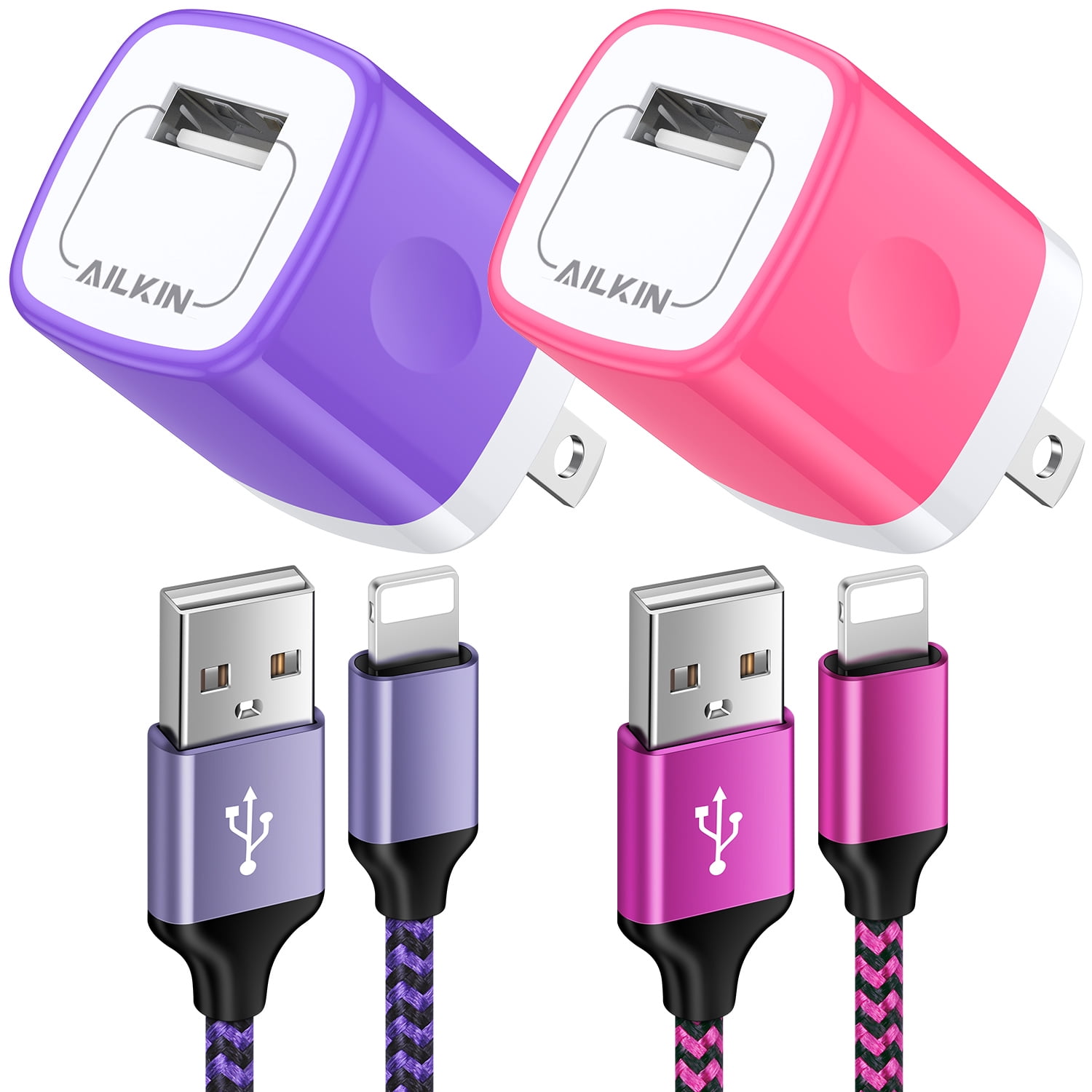 Compatible with iPhone Charger Fast Charging AILKIN 2Pack Charger Block with 6ft Cord Charging Block Plug Power USB Wall Charger Adapter Compatible with iPhone 14/13/12/11,Purple+Rose