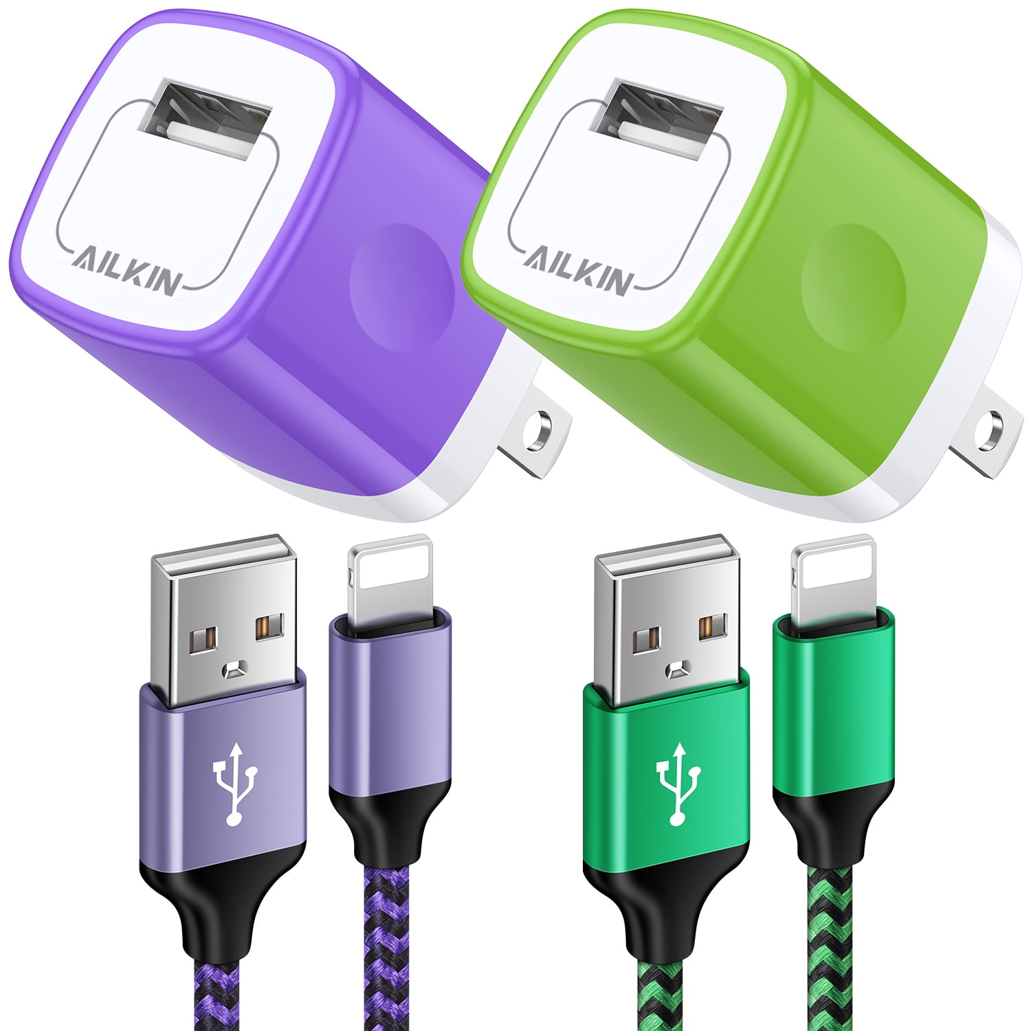 Compatible with iPhone Charger Fast Charging AILKIN 2Pack Charger Block with 6ft Cord Charging Block Plug Power USB Wall Charger Adapter Compatible with iPhone 14/13/12/11,Purple+Green