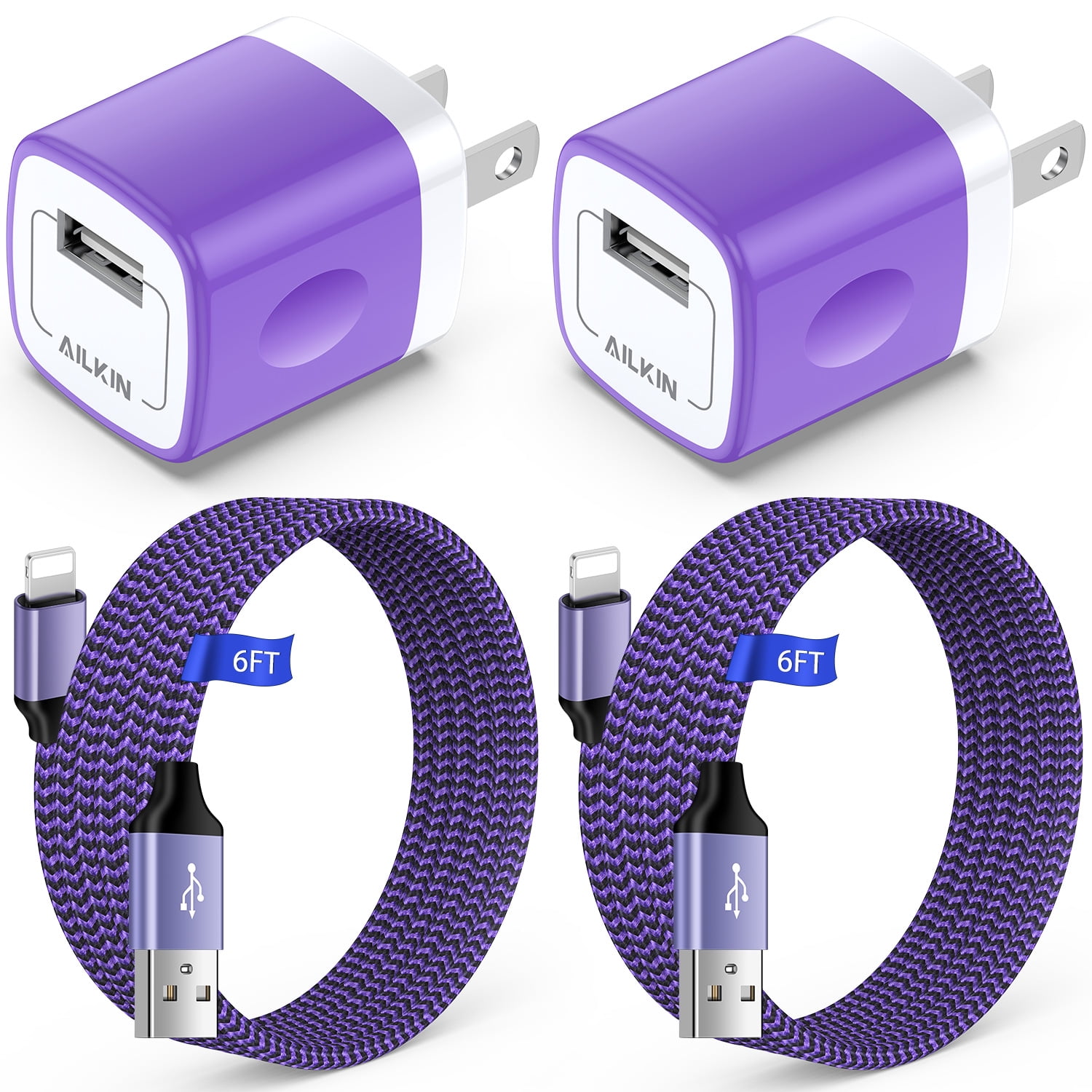 Compatible with iPhone Charger Fast Charging AILKIN 2Pack Charger Block with 6ft Cord Charging Block Plug Power USB Wall Charger Adapter Compatible with iPhone 14/13/12/11,Purple