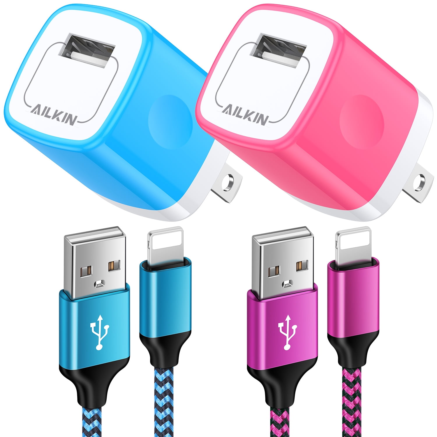 Compatible with iPhone Charger Fast Charging AILKIN 2Pack Charger Block with 6ft Cord Charging Block Plug Power USB Wall Charger Adapter Compatible with iPhone 14/13/12/11,Blue+Rose