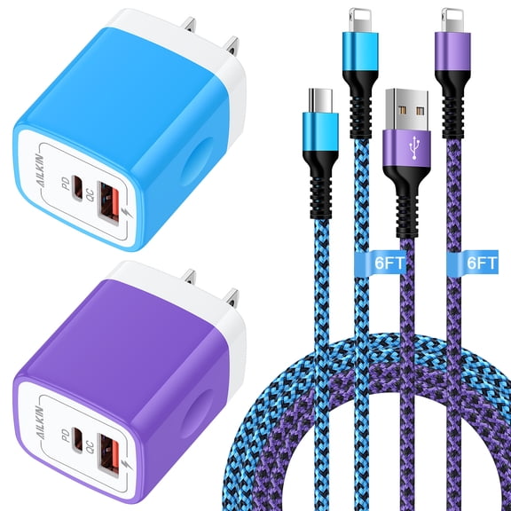 Compatible with iPhone Charger Fast Charging,AILKIN 2Pack QC+PD 20W Charger Block with 6ft Cords Cable Charging Block Plug Power USB C Charger Adapter Compatible with iPhone 14/13/12/11,Purple