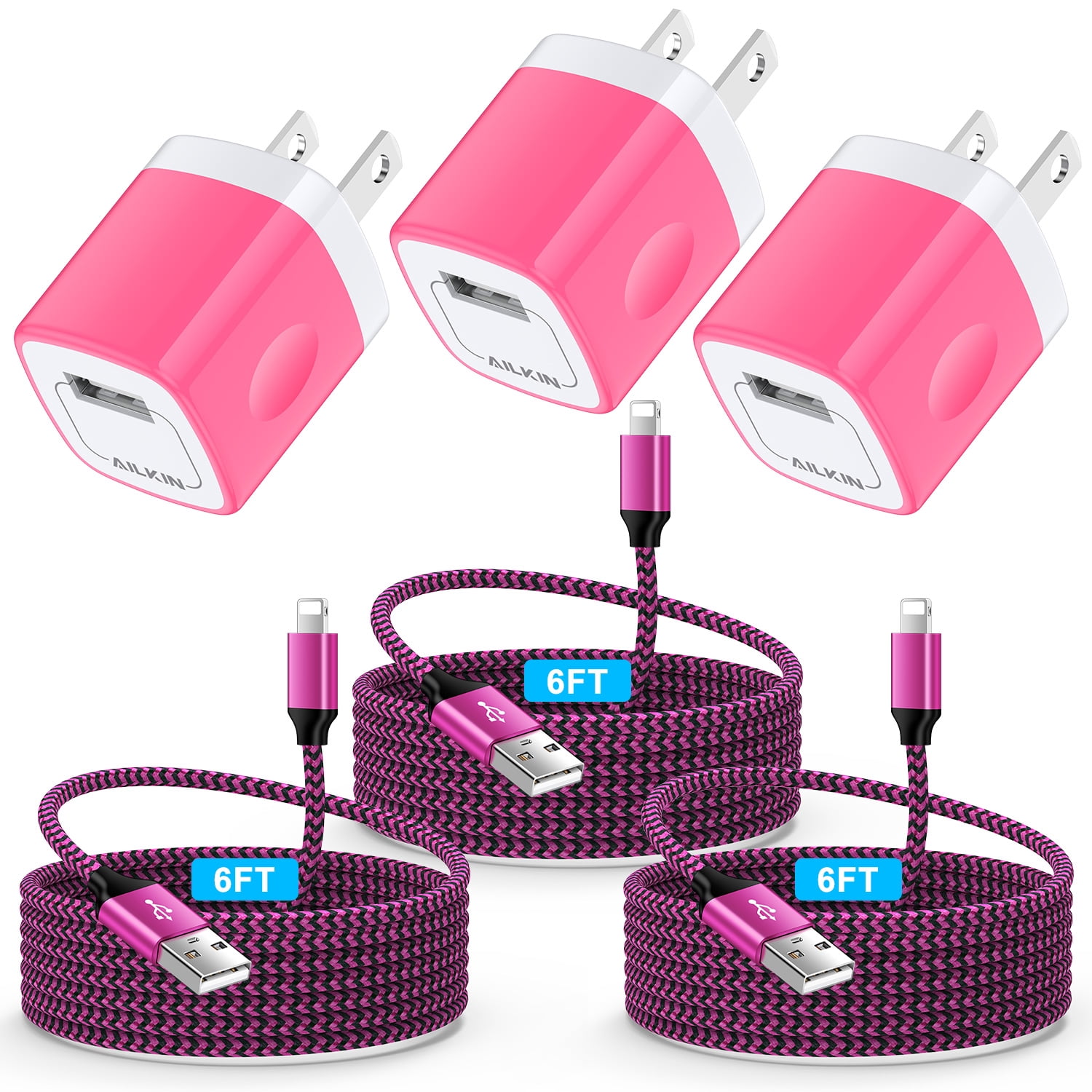 Compatible with iPhone Charger Fast Charging AILKIN 3Pack Charger Block with 6ft Cord Charging Block Plug Power USB Wall Charger Adapter Compatible with iPhone 14/13/12/11,Pink