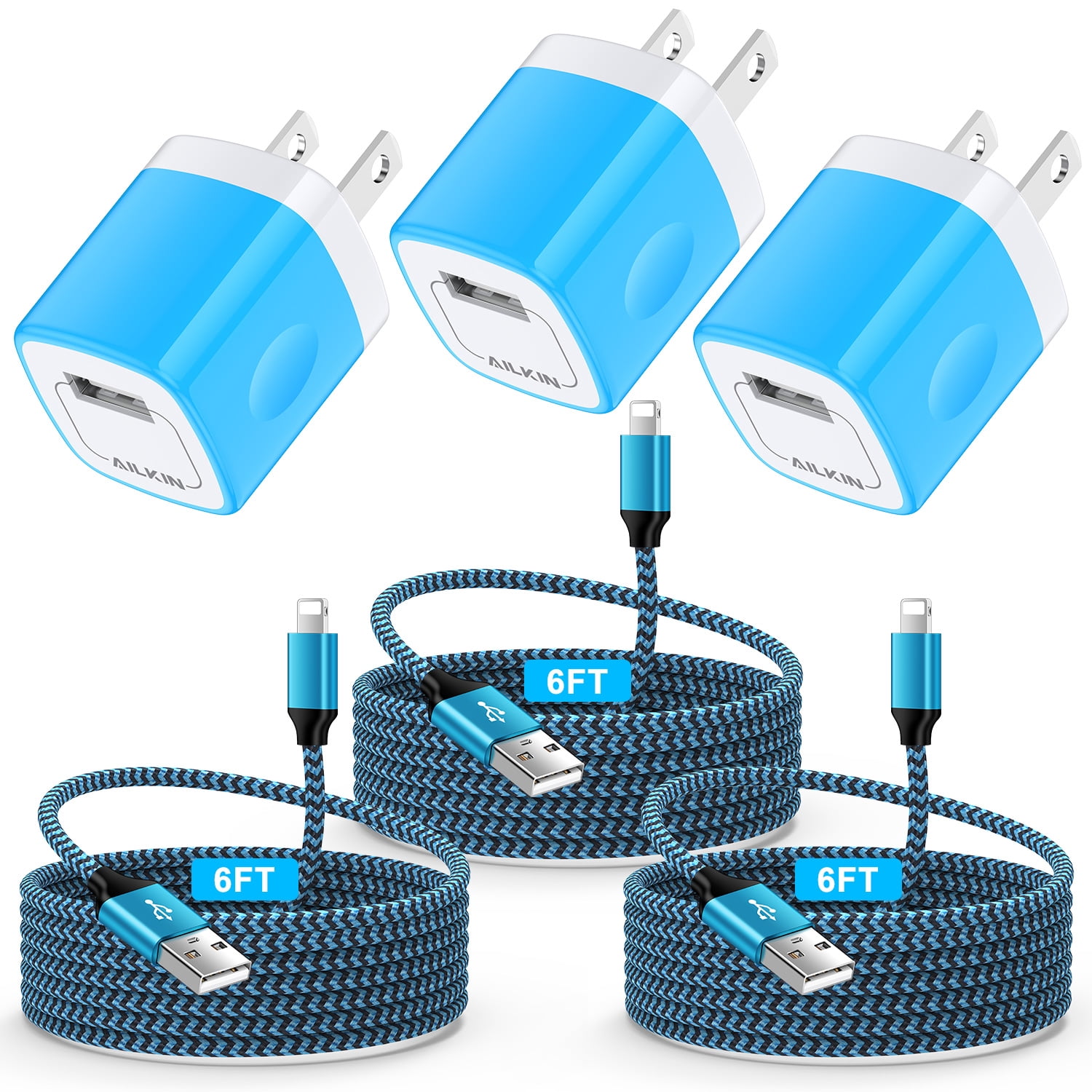 Compatible with iPhone Charger Fast Charging AILKIN 3Pack Charger Block with 6ft Cord Charging Block Plug Power USB Wall Charger Adapter Compatible with iPhone 14/13/12/11,Blue