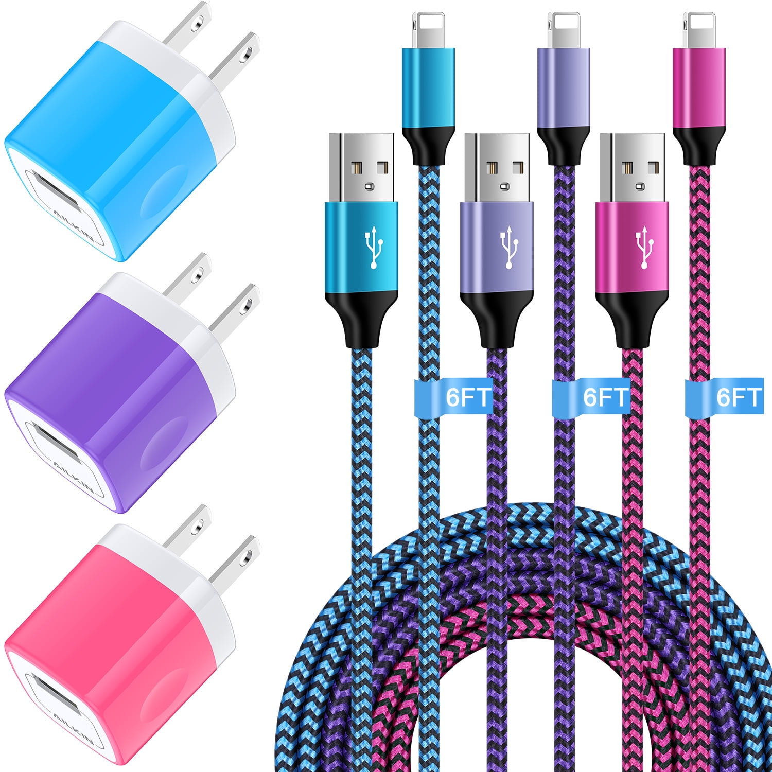 Compatible with iPhone Charger Fast Charging AILKIN 3Pack Charger Block with 6ft Cord Charging Block Plug Power USB Wall Charger Adapter Compatible with iPhone 14/13/12/11,Multicolor