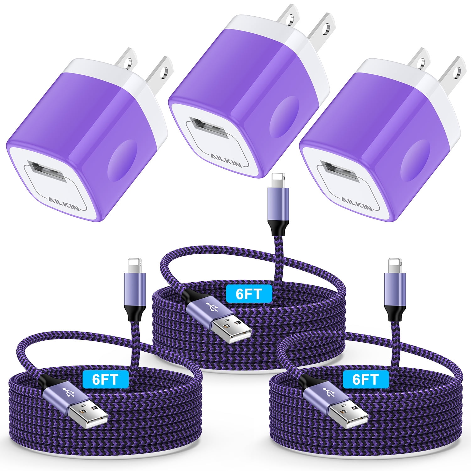 Compatible with iPhone Charger Fast Charging AILKIN 3Pack Charger Block with 6ft Cord Charging Block Plug Power USB Wall Charger Adapter Compatible with iPhone 14/13/12/11,Purple