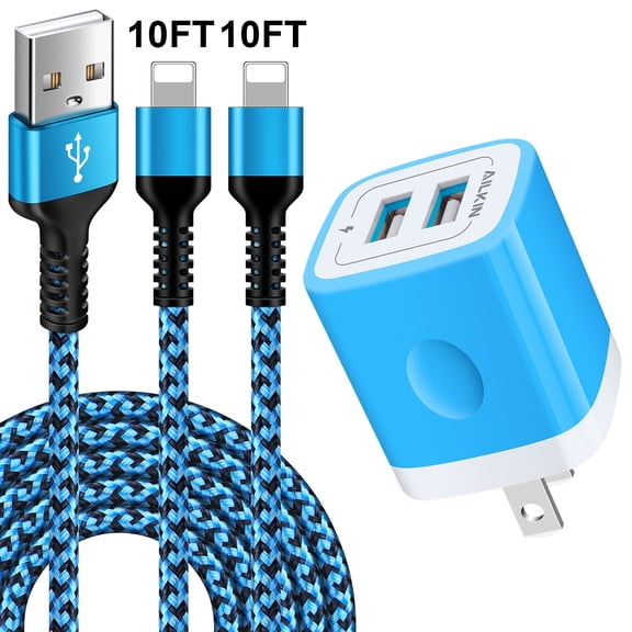 Compatible with iPhone Charger Cable Fast Charging AILKIN Charging Block with 2Pack 10ft Cords Dual Port USB Plug Power Wall Charger Blocks Adapter Compatible with iPhone 14/13/12/11Blue)