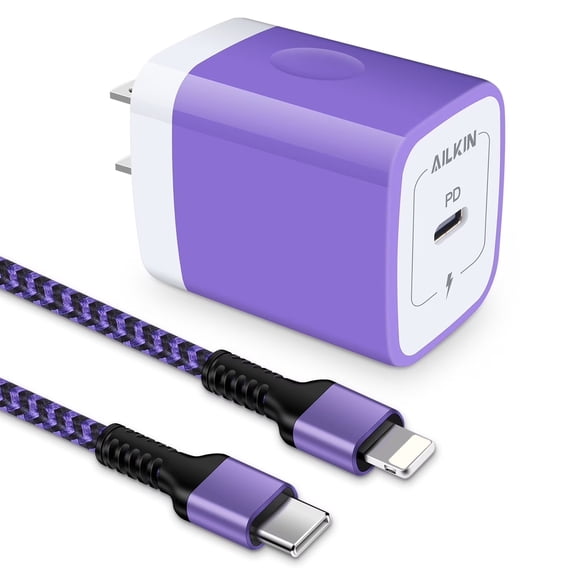 AILKIN Compatible with iPhone Charger Fast Charging with Usb C to Light-ning Cable 10ft Cords,20W PD Power Delivery USB C Charger Adaper Charger Blocks Compatible with iPhone 14/13/12/11,Purple