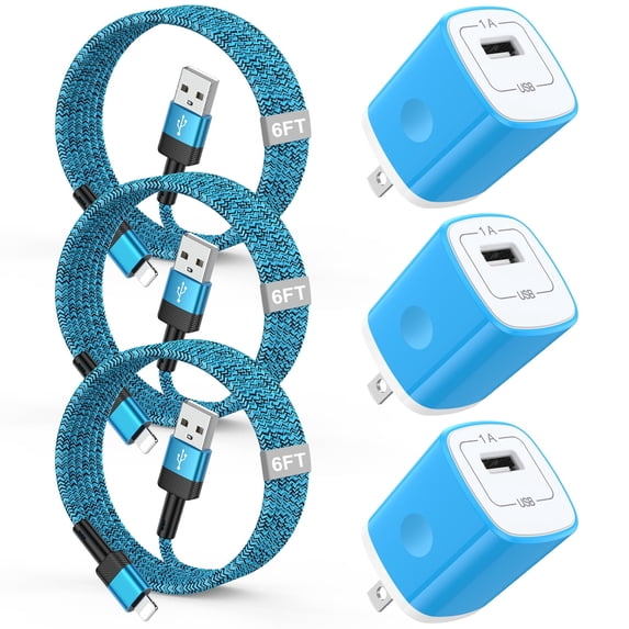 Compatible for iPhone Charger, HOOTEK Charger Block Cube Phone Charger with 3 Pack 6FT Lightn-ing Cable Cord Fast Charging Cord, USB Wall Chargers Plug Adapter Compatible for iPhone14/13/12/11, Blue