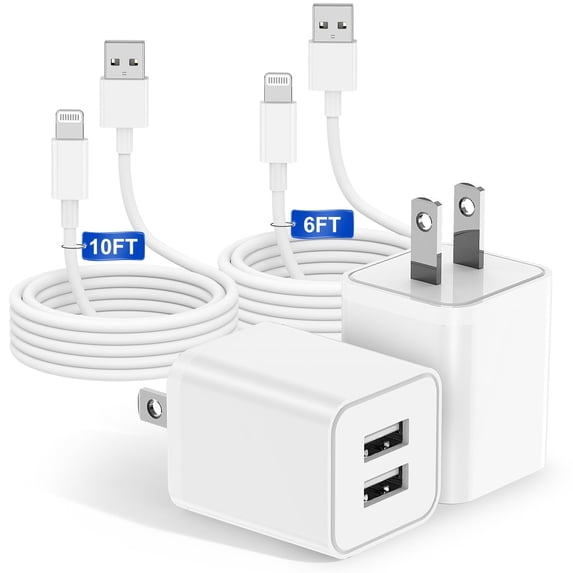Compatible with iPhone Charger and Wall Plug,6&10ft Charging Cable Cord with 2Pack Fast Dual Port USB Charging Adapter Block Compatible for iPhone 14/13 Pro Max/12/11/XR/XS/8/7 Plus Case