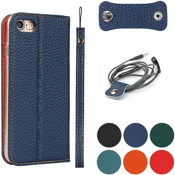 Compatible for iPhone SE 2020/iPhone 8 Case,Headset Winder,Flip Folio Magnetic Closure,Card Slots,Kickstand,Cash Pockets Wrist Strap Genuine Leather Wallet Case for iPhone 7, 4.7",Dark Blue