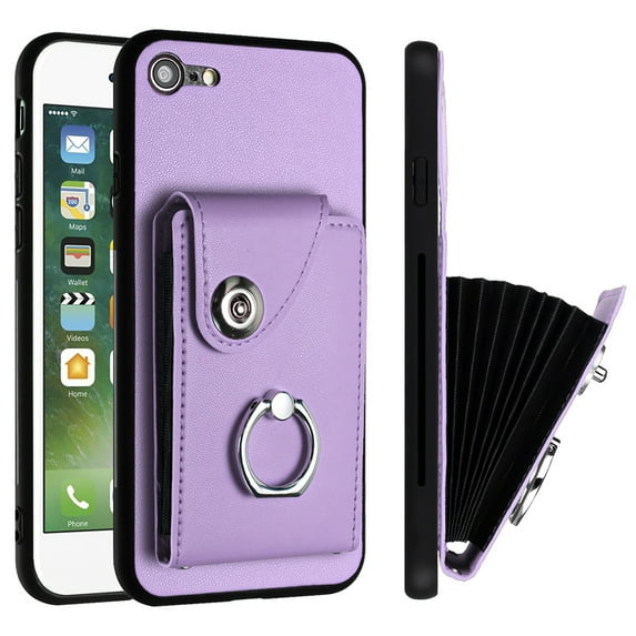 Compatible for iPhone SE 2022 & 2020 Case with Card Holder, for iPhone 7 / iPhone 8 Wallet Case for Women Men with Rotation Finger Ring Stand, Accordion Style PU Leather Shockproof Case, Purple