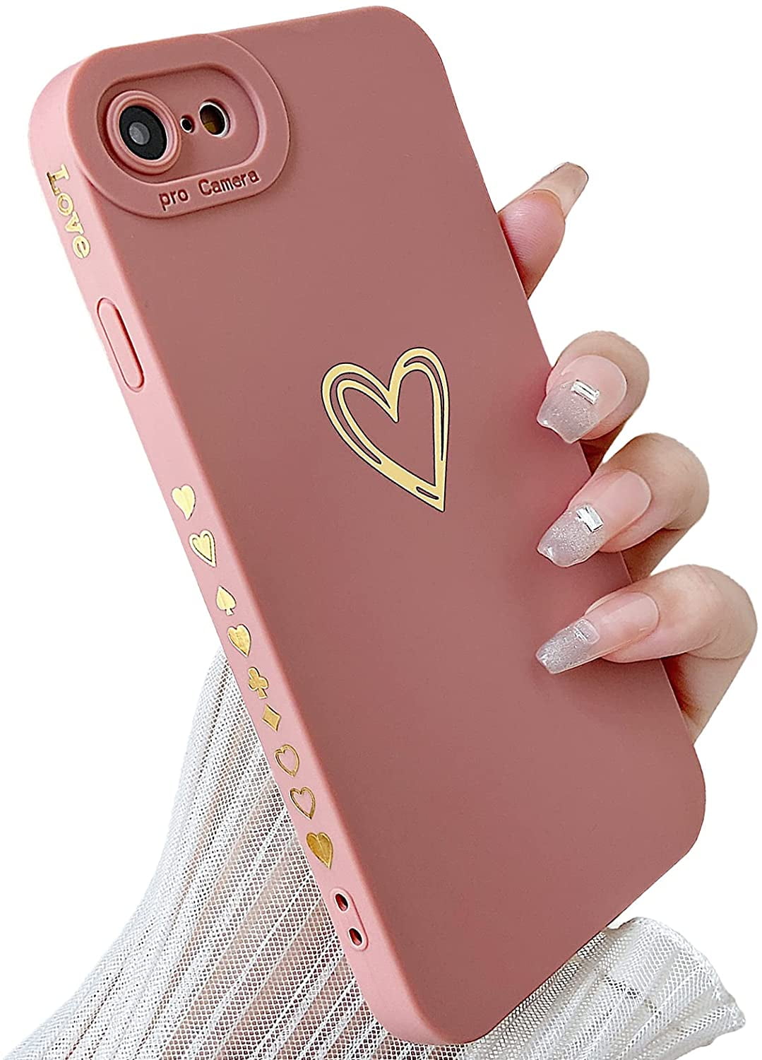 COCOMII Square Case Compatible with iPhone SE 2022/SE 2020/iPhone 8/7 -  Slim, Glossy, Solid Color, Gold Plated, Love Hearts, Easy to Hold