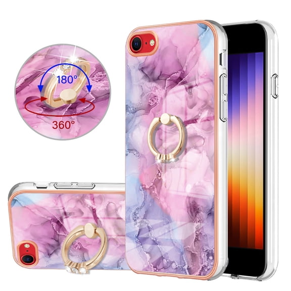 Compatible with iPhone SE 2022 Case, Fantastic Marble Patterned Phone Case Anti-Scratch Slim Hybrid Hard Plastic Bumper+Soft Silicone TPU with Ring Kickstand Bumper Shockproof Cover,Pink