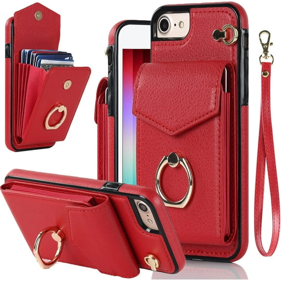 Compatible iPhone SE 3rd Generation Case 2022,iPhone SE 2020 Case 2nd Gen,iPhone 8 & 7 Case Wallet with 4 Card Slot & Wrist Strap,Phone Case for iPhone SE Wallet Case with Stand for Women Red