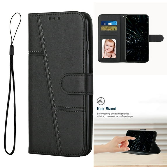 Compatible for iPhone SE4 Wallet Case, Card Slots Holder Premium PU Leather Flip Kickstand Cover, Wrist Strap TPU Shockproof Full Protection Phone Case for iPhone SE4, Black