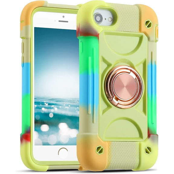 Compatible with iPhone Se3/iPhone Se2,iPhone 6/6S Case,iPhone7/iPhone8 Case 4.7 Inch with Ring Stand, Heavy-Duty Military Grade Shockproof Phone Cover. (Rainbow Green)
