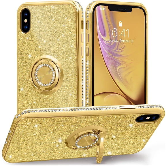 Compatible with iPhone X Case Glitter 5.8 inch,iPhone Xs Case with Ring Stand, Full Body Slim Fit Cute Sparkle Diamond case for iPhone X/iPhone Xs Case Women Girls - Gold