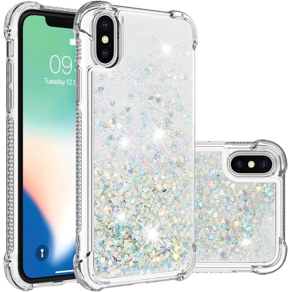 Compatible with iPhone X Case Glitter Liquid Cute Clear Phone Case Floating Quicksand Shockproof Protective Bumper Silicone Soft TPU Case for iPhone X/iPhone Xs Love Sliver YB