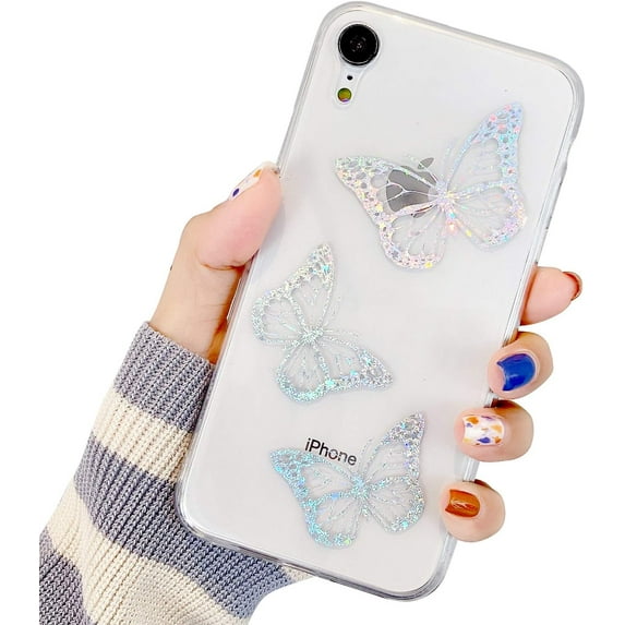 Compatible with iPhone X/XS Case for Girls, Butterfly Pattern Clear Design Transparent Plastic Hard Back Case with TPU Bumper Protective Case Glitter Cover for iPhone X/XS 5.8''-Butterfly