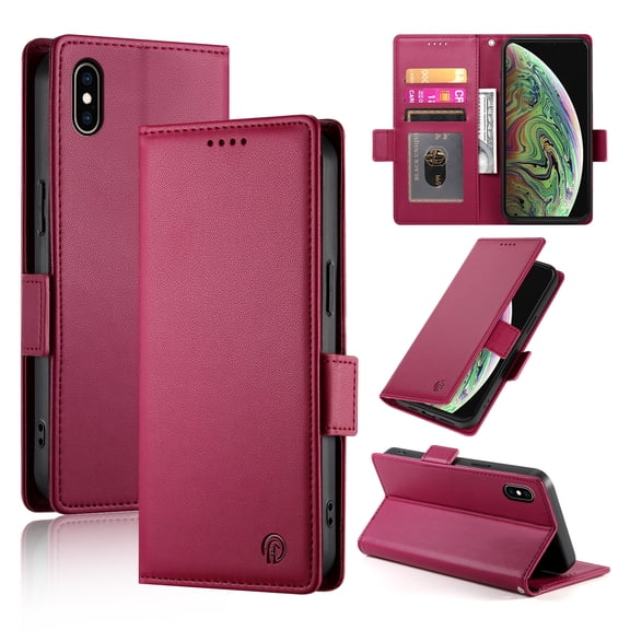 Compatible with iPhone X/XS Wallet Case, Classic PU Leather Flip Folio Case with Card Holders Kickstand [Shockproof TPU Inner Shell] Phone Cover for iPhone X/XS, Winered