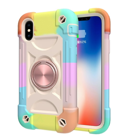 Compatible with iPhone X, iPhone XS Case with 360°Rotate Ring Stand Holder, Military Grade Shockproof Drop Protection Rugged Heavy Duty Case 3 in 1 Protective Cover, Rosegold Colorful