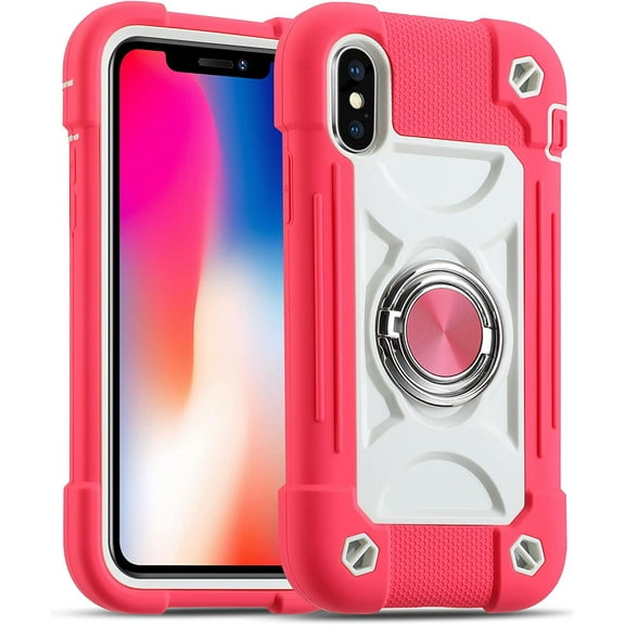 Compatible with iPhone X/iPhone Xs Case 5.8 Inch with Magnetic Car Mount Ring Stand, Heavy-Duty Military Grade Shockproof Phone Cover for iPhone X/XS. (Hot Pink)