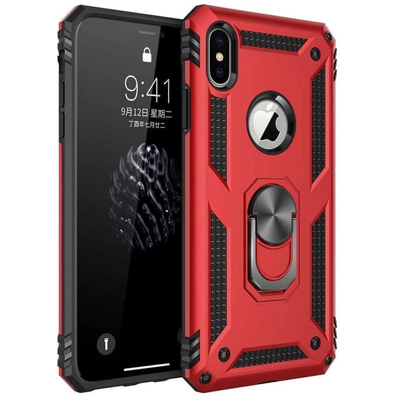 Compatible with iPhone X iPhone Xs Case iPhone 10 Case Extreme Protection Military Armor Dual Layer Protective Cover with 360 Degree Swivel Ring Kickstand Red