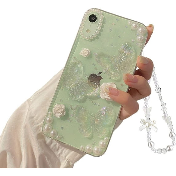 Compatible with iPhone XR 3D Butterfly Floral Clear with Design Aesthetic Women Teen Girls Glitter Pretty Crystal Sparkle Sparkly Cute Girly Phone Cases Protective Cover+Chain-Clear