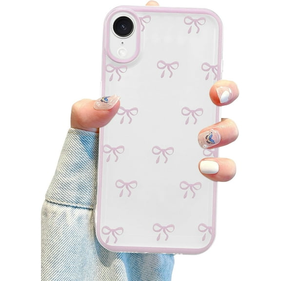 Compatible with iPhone XR Bow Phone Case, Cute Clear Pink Ribbon Bowknot Pattern Aesthetic Soft TPU Transparent Cases Full Camera Protective Phone Cover for Women Girly - Pink