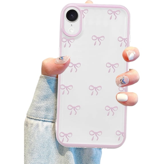 Compatible with iPhone XR Bow Phone Case, Cute Clear Pink Ribbon Bowknot Pattern Aesthetic Soft TPU Transparent Cases Full Camera Protective Phone Cover for Women Girly - Pink