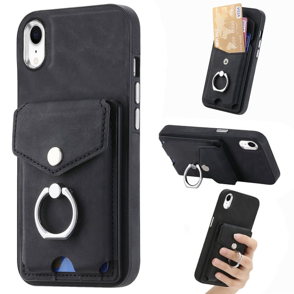 Compatible with iPhone XR Card Slot Back Case, 360 Degree Rotatable Ring Stand Plating Button PU Leather Support Magnetic Car Mount Phone Case Cover for iPhone XR, Black