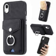 thumbnail image 1 of Compatible with iPhone XR Card Slot Back Case, 360 Degree Rotatable Ring Stand Plating Button PU Leather Support Magnetic Car Mount Phone Case Cover for iPhone XR, Black, 1 of 14