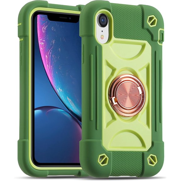 Compatible with iPhone XR Case 6.1 Inch with Ring Stand, Heavy-Duty Military Grade Shockproof Phone Cover with Magnetic Car Mount for iPhone XR 6.1. (Avocado)