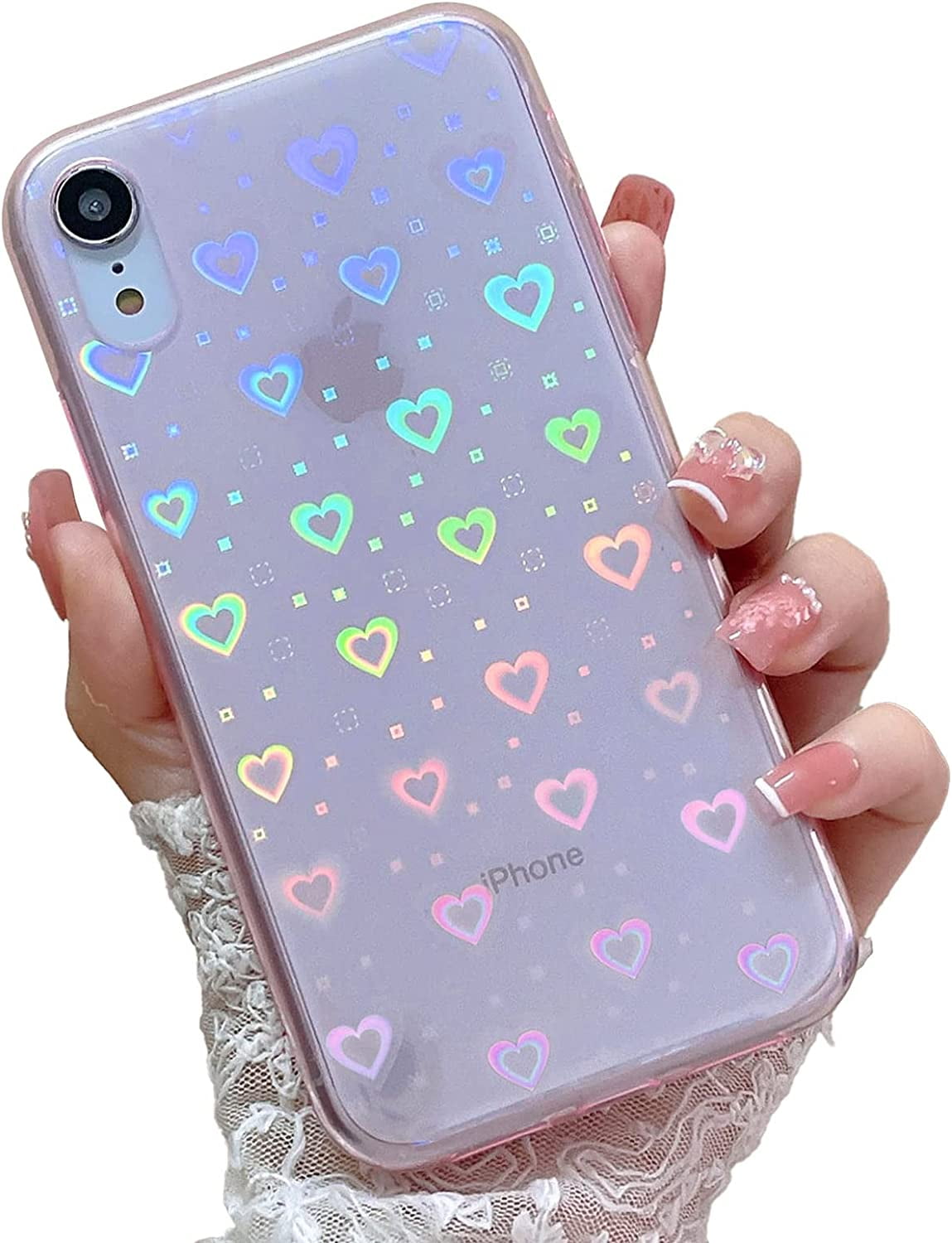 Hzcwxqh Cute Glitter Clear Laser Love Hearts Phone Case Compatible with iPhone SE 2020, iPhone 8, iPhone 7, Slim Thin Soft Shockproof Cover for