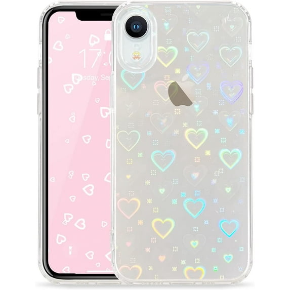 Compatible with iPhone XR Case Cute Crystal Clear with Laser Bling Glitter Love Heart Pattern Design for Women Girls Soft TPU Phone Case Shockproof Protective Cover for iPhone XR, Love