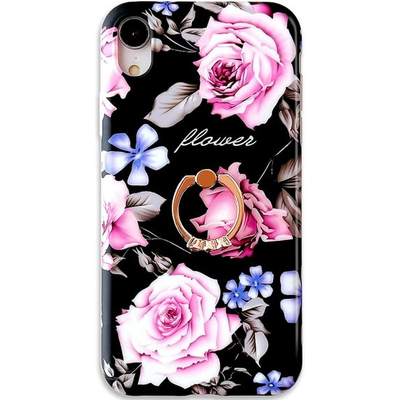 Compatible with iPhone XR Case,Flower Case Cute Fashion for Men Women Girls with 360° Rotating Ring Kickstand Soft TPU Shockproof Cover Designed for iPhone XR 6.1 inch Black Pink Rose