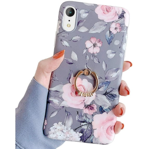 Compatible with iPhone XR Case,Flower Cute Fashion Case for Men Women Girls with 360 Degree Rotating Ring Kickstand Soft TPU Shockproof Cover Designed for iPhone XR 6.1" Floral Grey Red Flower