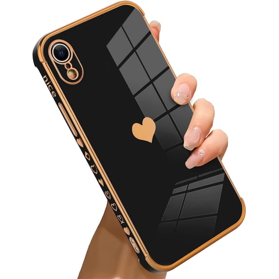 Compatible with iPhone XR Case Love Heart Plating Electroplate Luxury Elegant Case Camera Protector Soft TPU Shockproof Four Corner Back Cover iPhone XR Case -Black