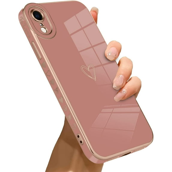 Compatible with iPhone XR Case Love Heart Plating Electroplate Luxury Elegant Case Camera Protector Soft TPU Shockproof Protective Corner Back Cover iPhone XR Case -Pink
